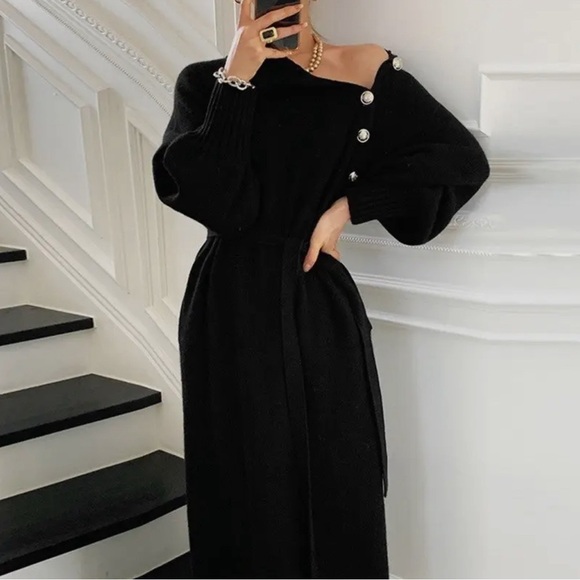 Black Solid Color Long Over-The-Knee Sweater Dress - Picture 2 of 5